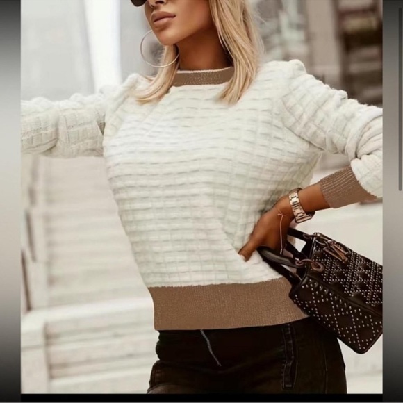 Chic White and Beige Crew Neck Sweater - Picture 2 of 3